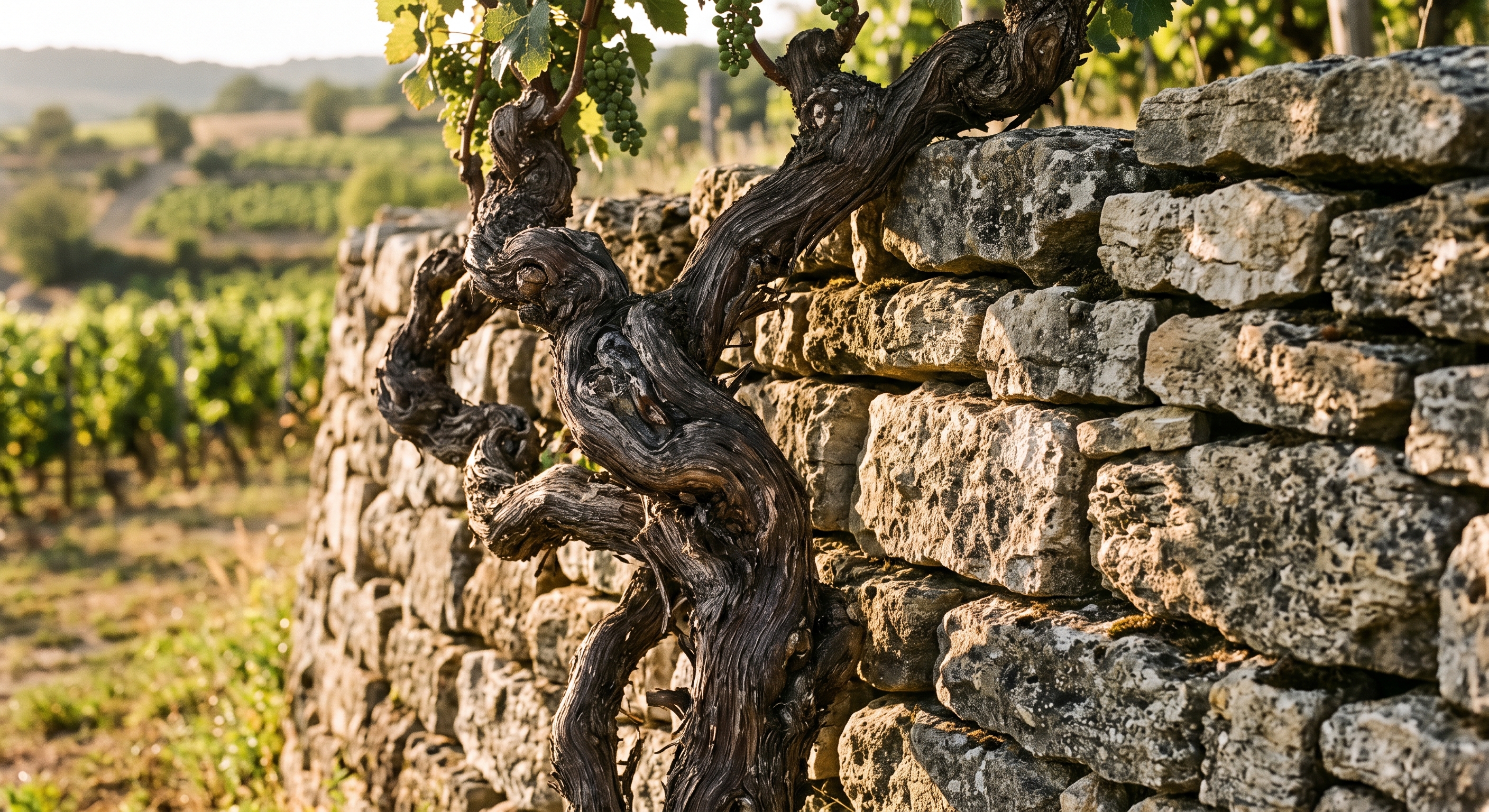 Muret en pierre sèche et vieux pied de vigne, Domaine des Restanques